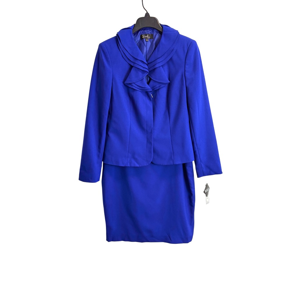 Emily Royal Blue Ruffle Collar Skirt Suit 2-Piece Set Washable Size 8 Lined